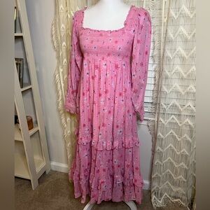 LoveShackFancy Pink Floral Ruffle Smock Maxi Dress Long Sleeves Small Cotton